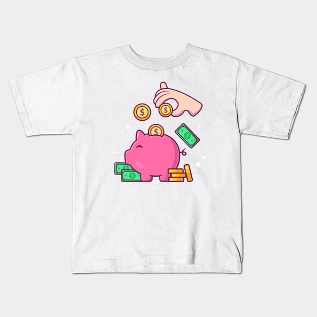 Hands put coins in a piggy bank cartoon Kids T-Shirt by Catalyst Labs